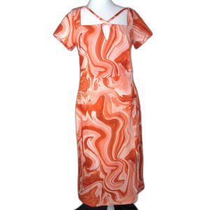 Rachel Umpire Waist Short Sleeve Guava Swirl Dress Polyester Blend M (RK63)